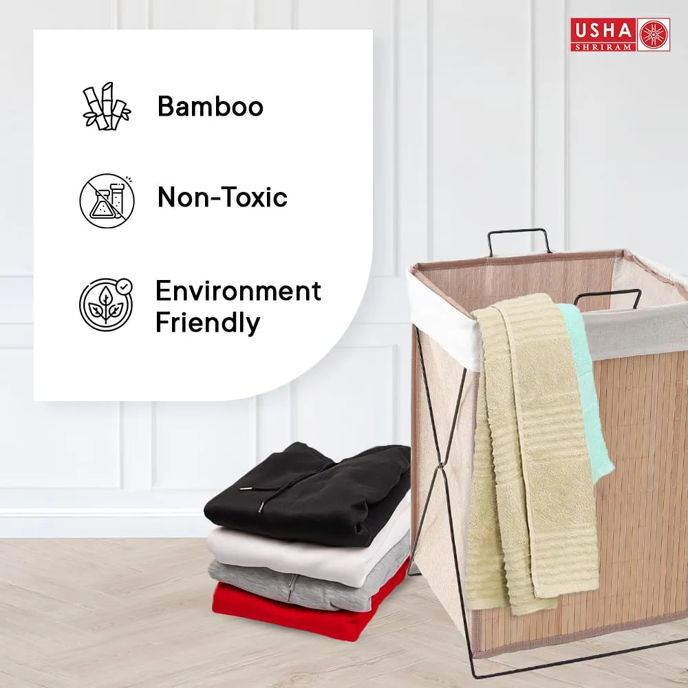 USHA SHRIRAM Foldable Bamboo Laundry Basket With Lid | Sustainable & Eco-Friendly | Travel Essential | Printed Laundry Basket (40cmx30cmx60cm) | Easy To Carry | Dark Brown (3 Pcs, Natural)