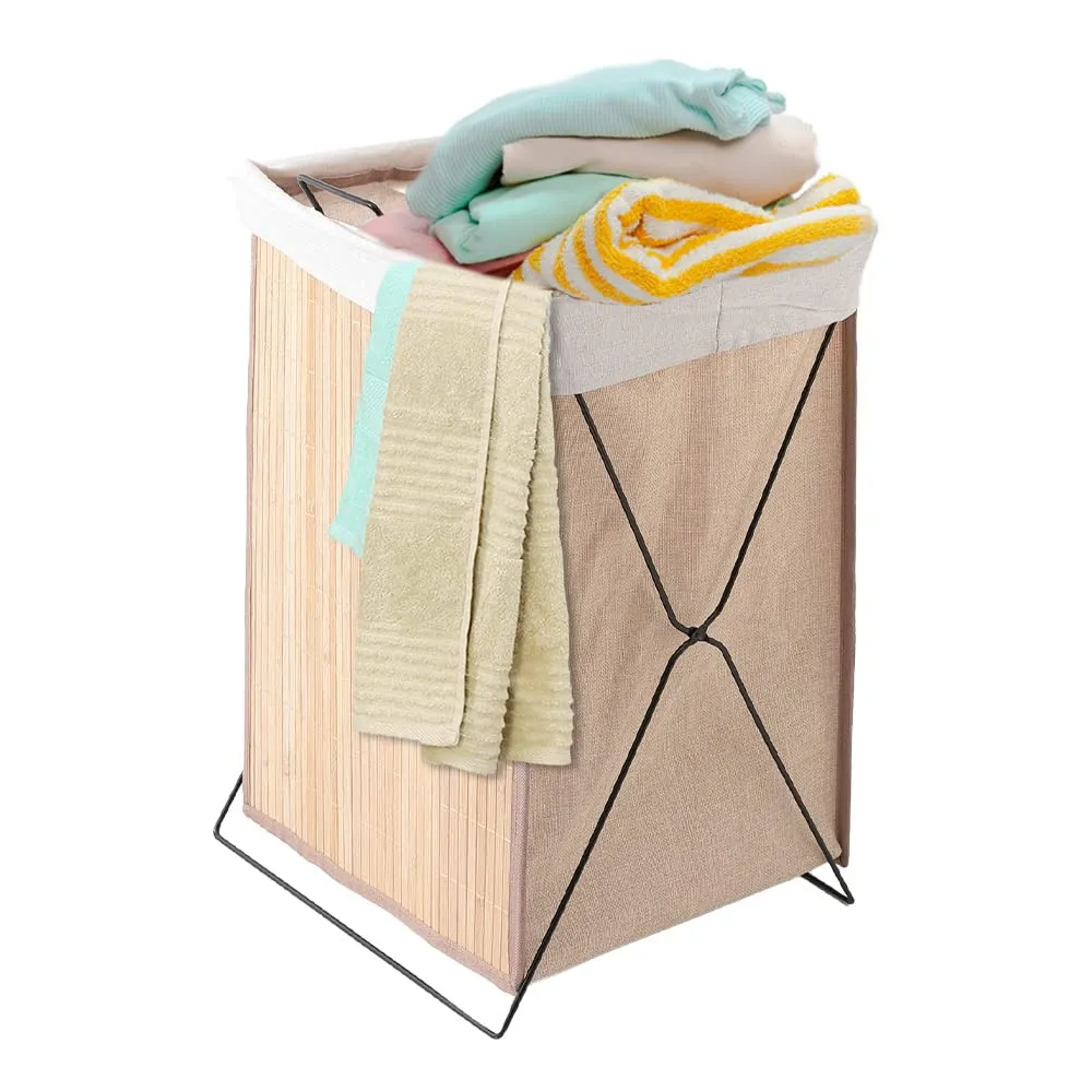 USHA SHRIRAM Foldable Bamboo Laundry Basket With Lid | Sustainable & Eco-Friendly | Travel Essential | Printed Laundry Basket (40cmx30cmx60cm) | Easy To Carry | Dark Brown (3 Pcs, Natural)