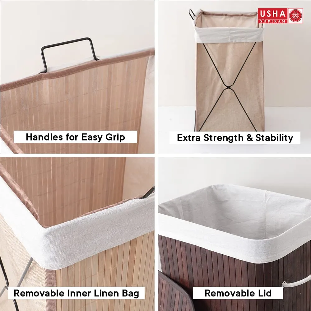 USHA SHRIRAM Foldable Bamboo Laundry Basket With Lid | Sustainable & Eco-Friendly | Travel Essential | Printed Laundry Basket (40cmx30cmx60cm) | Easy To Carry | Dark Brown (3 Pcs, Natural)