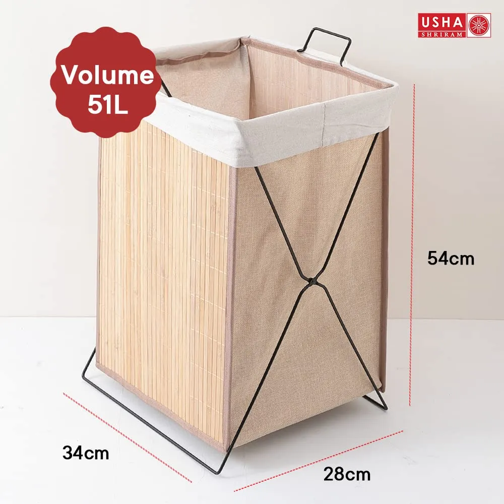 USHA SHRIRAM Foldable Bamboo Laundry Basket With Lid | Sustainable & Eco-Friendly | Travel Essential | Printed Laundry Basket (40cmx30cmx60cm) | Easy To Carry | Dark Brown (3 Pcs, Natural)