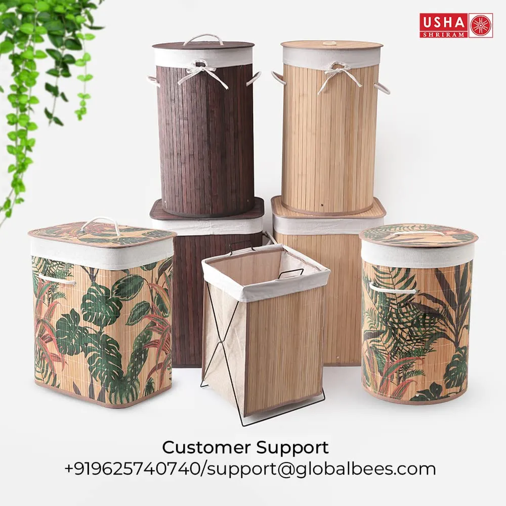 USHA SHRIRAM Foldable Bamboo Laundry Basket With Lid | Sustainable & Eco-Friendly | Travel Essential | Printed Laundry Basket (40cmx30cmx60cm) | Easy To Carry | Dark Brown (3 Pcs, Natural)