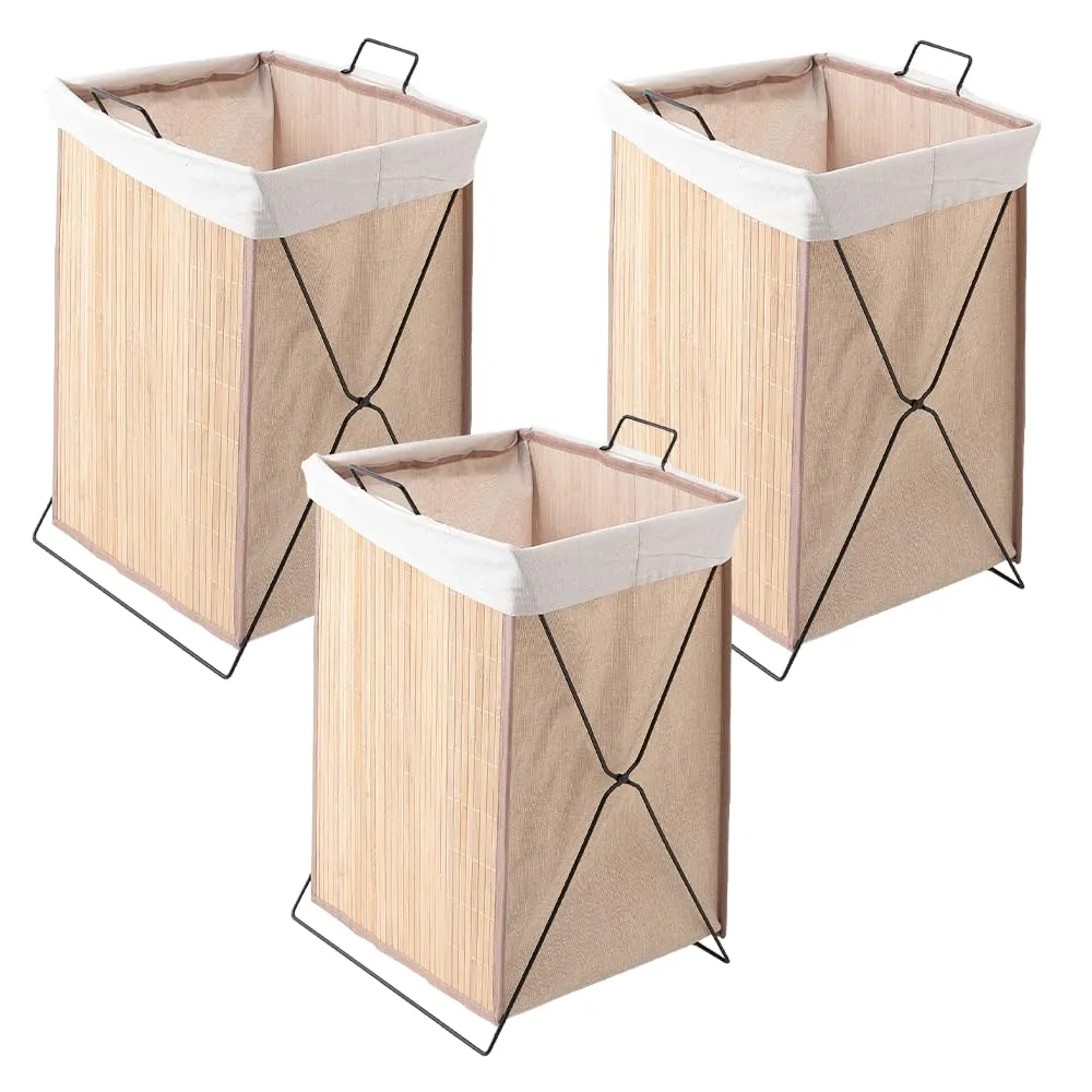 USHA SHRIRAM Foldable Bamboo Laundry Basket With Lid | Sustainable & Eco-Friendly | Travel Essential | Printed Laundry Basket (40cmx30cmx60cm) | Easy To Carry | Dark Brown (3 Pcs, Natural)