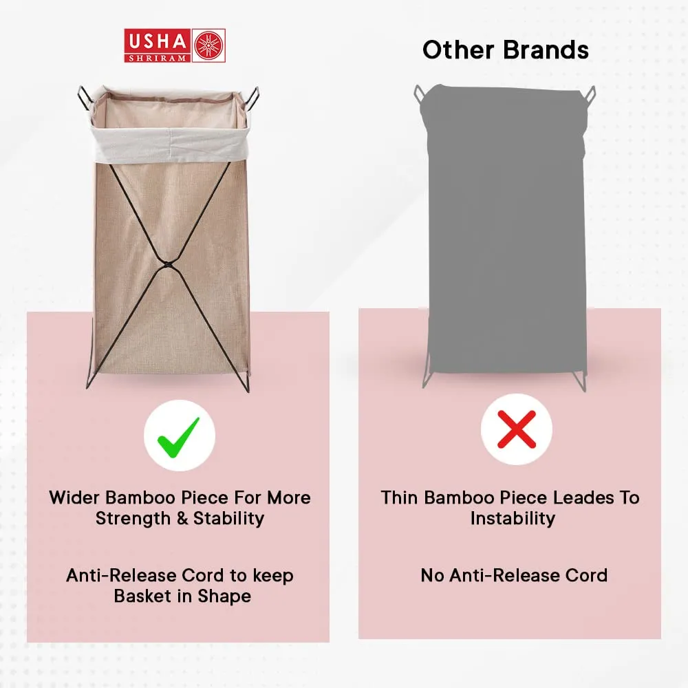 USHA SHRIRAM Foldable Bamboo Laundry Basket With Lid | Sustainable & Eco-Friendly | Travel Essential | Printed Laundry Basket (40cmx30cmx60cm) | Easy To Carry | Dark Brown (3 Pcs, Natural)