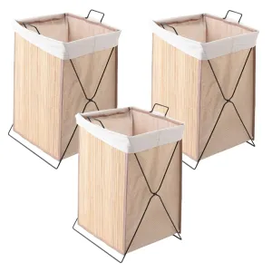 USHA SHRIRAM Foldable Bamboo Laundry Basket With Lid | Sustainable & Eco-Friendly | Travel Essential | Printed Laundry Basket (40cmx30cmx60cm) | Easy To Carry | Dark Brown (3 Pcs, Natural)