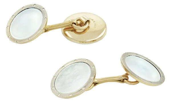 Vintage Ship's Porthole Art Deco Mother of Pearl Cufflinks in 14 Karat Yellow Gold