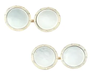Vintage Ship's Porthole Art Deco Mother of Pearl Cufflinks in 14 Karat Yellow Gold
