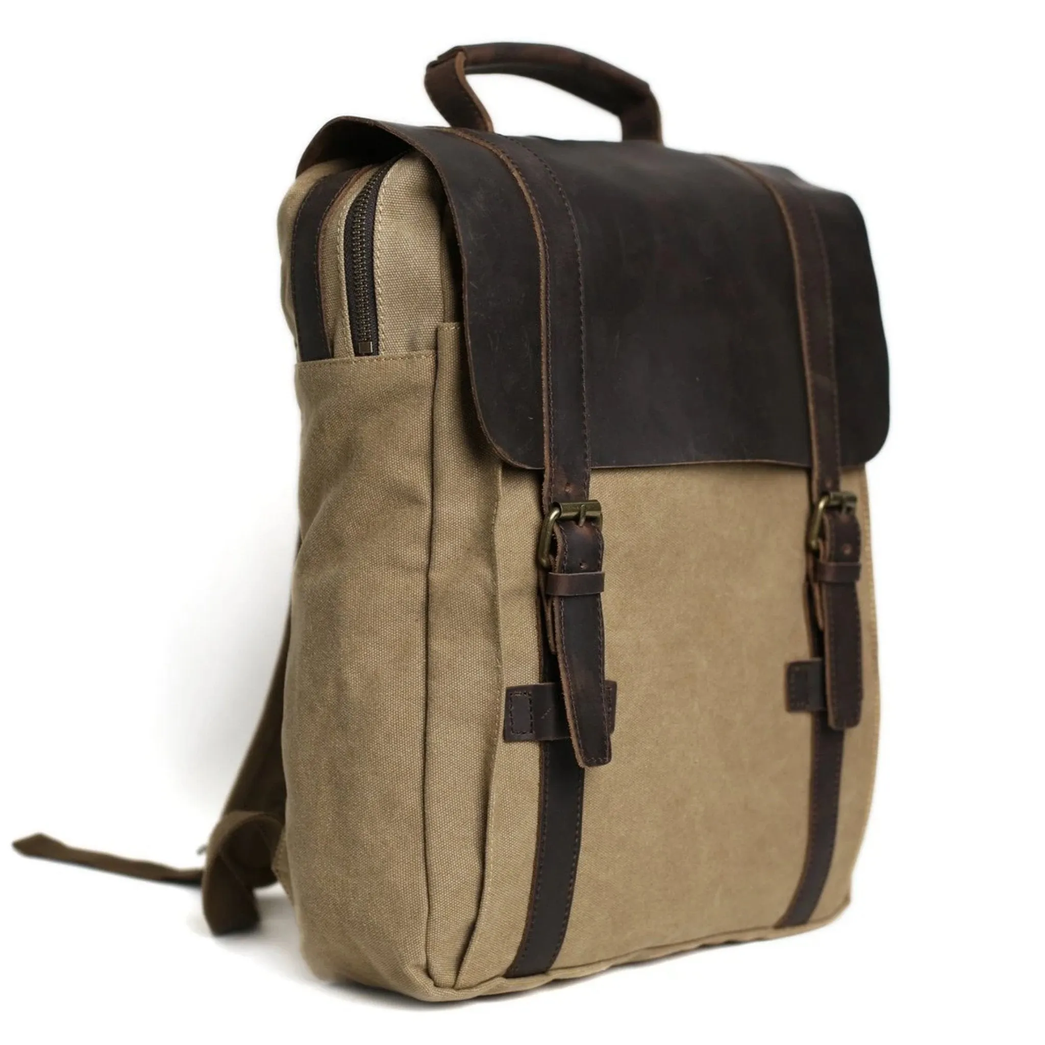 Waxed Canvas and Leather Double Strap Backpack - Khaki