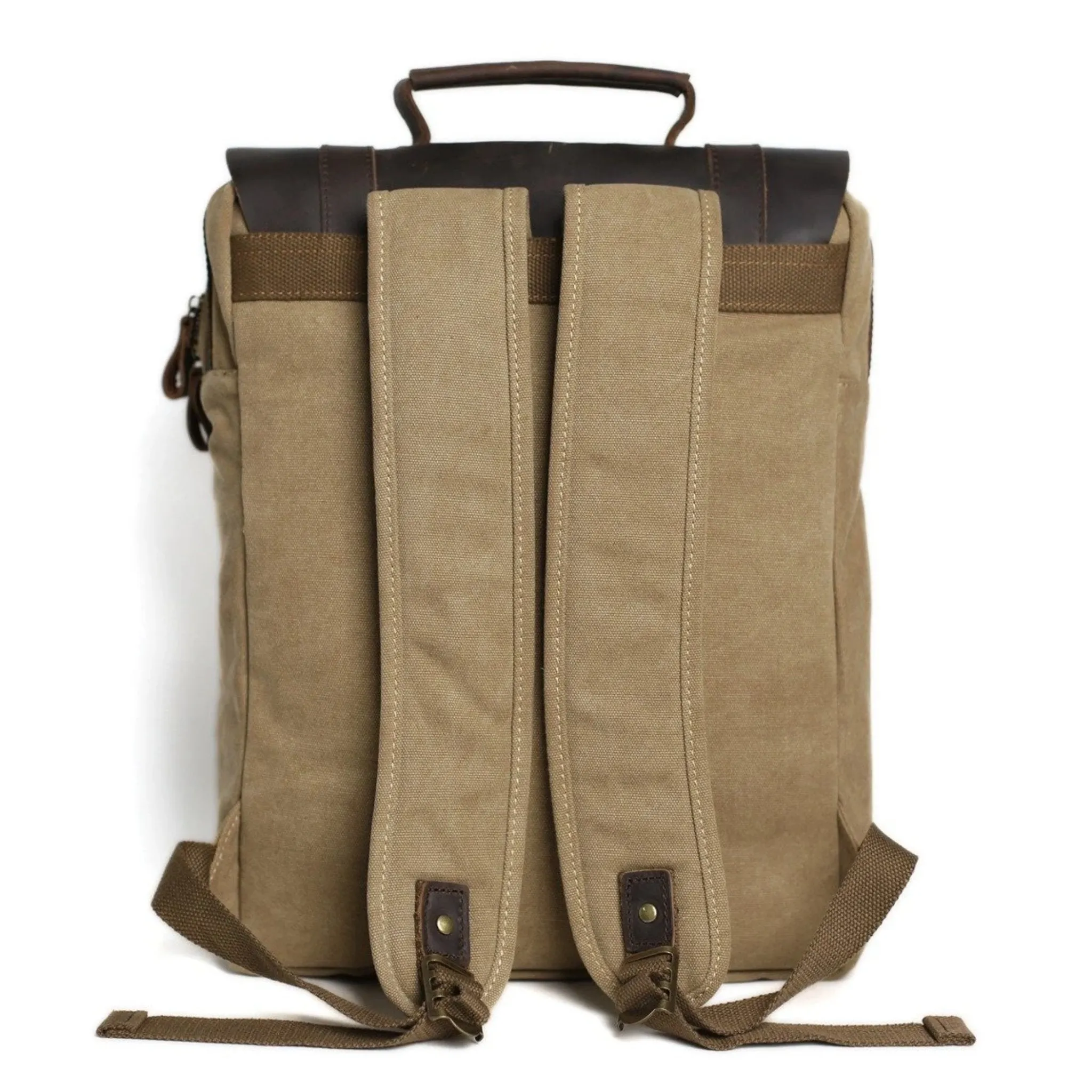 Waxed Canvas and Leather Double Strap Backpack - Khaki