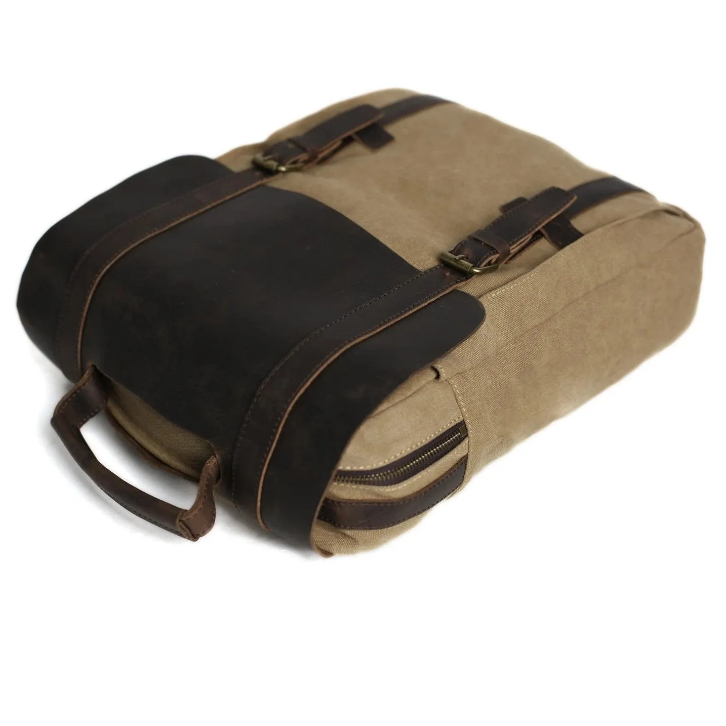 Waxed Canvas and Leather Double Strap Backpack - Khaki