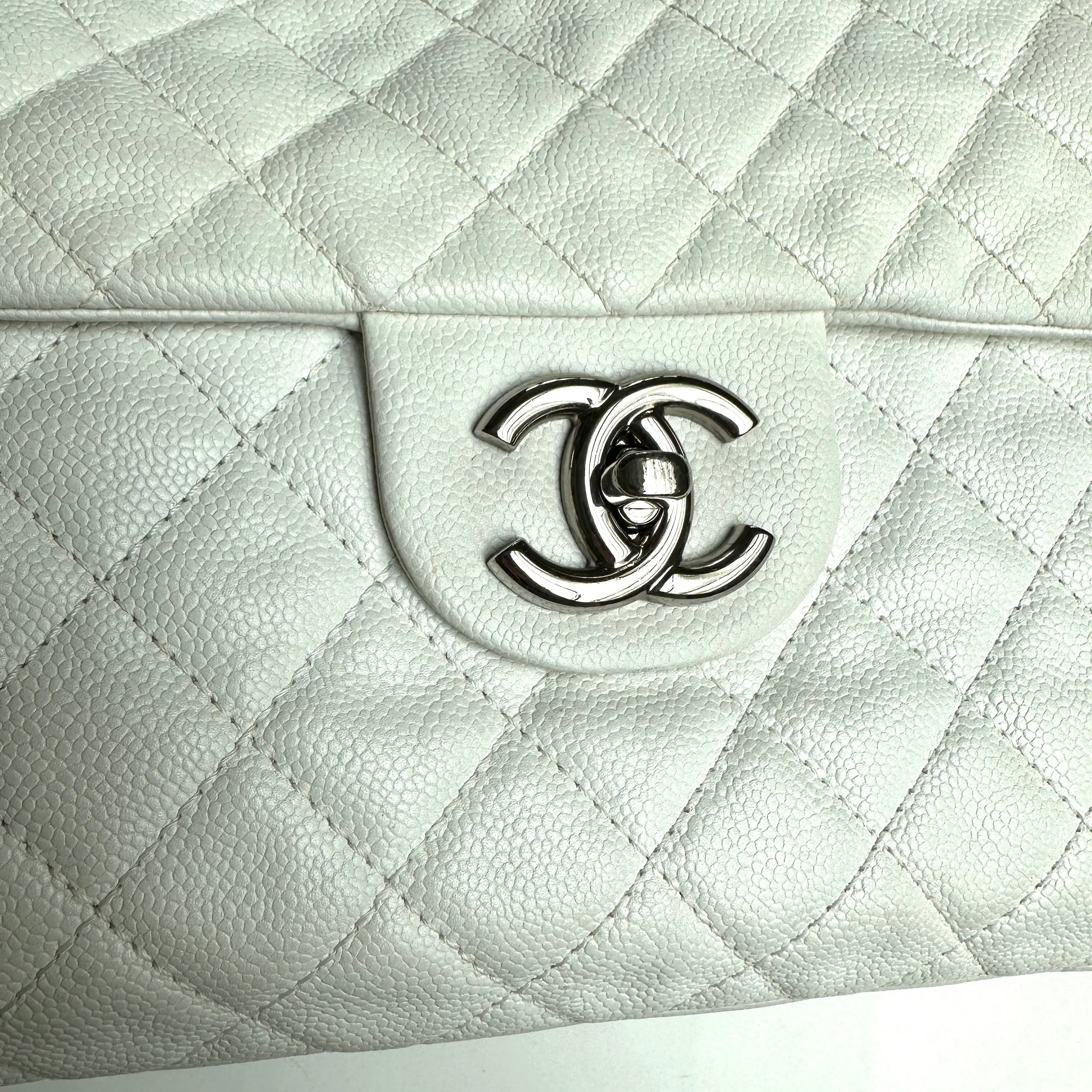White Caviar Leather Large Flap Bag