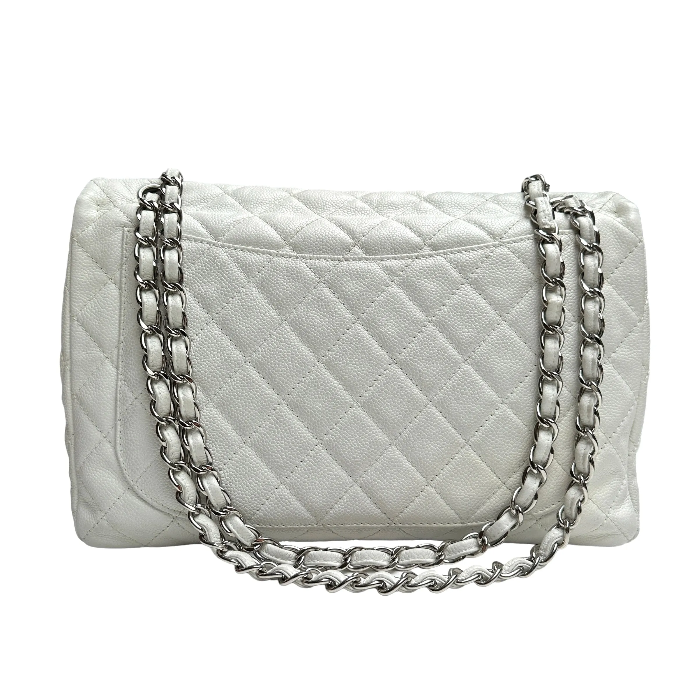 White Caviar Leather Large Flap Bag