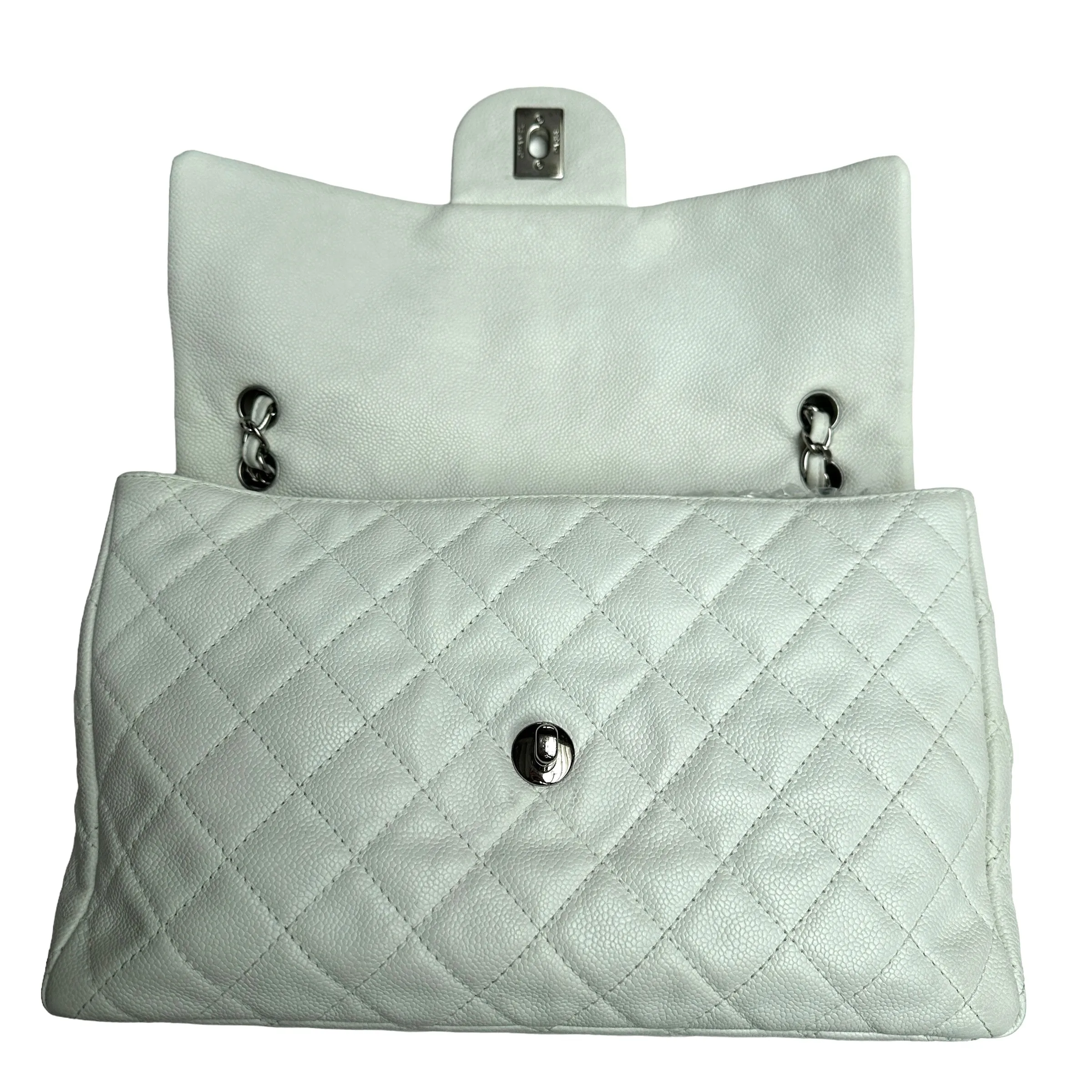 White Caviar Leather Large Flap Bag