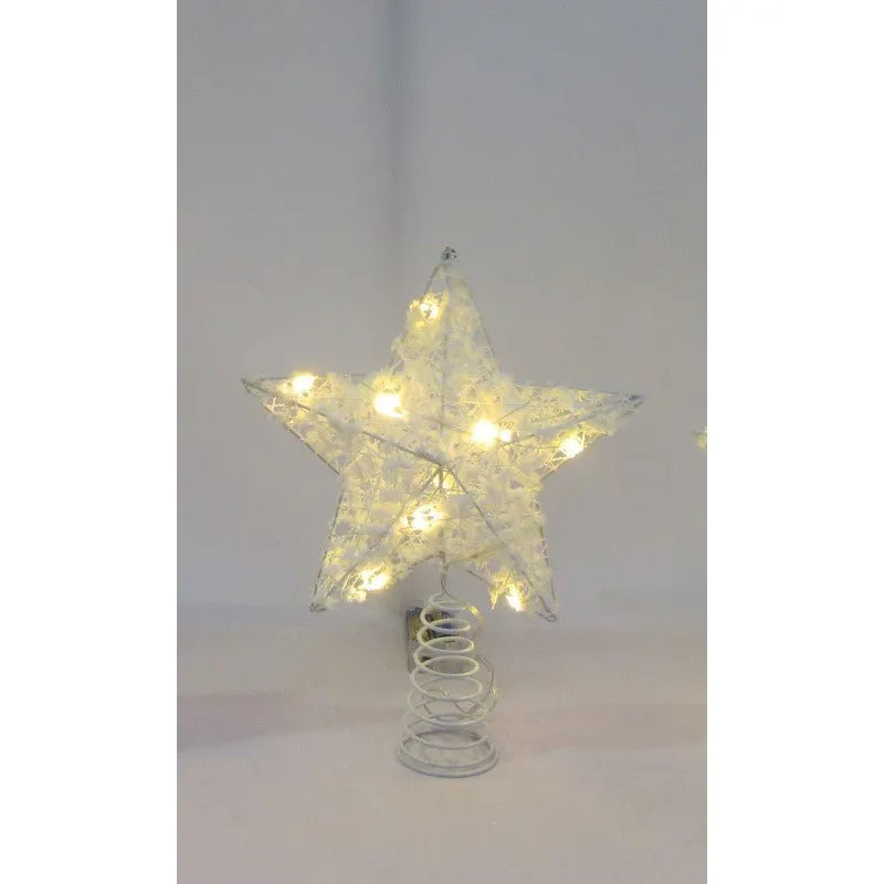 White Metal Wire Glitter Light Up Star Tree Topper with 10 LED lights