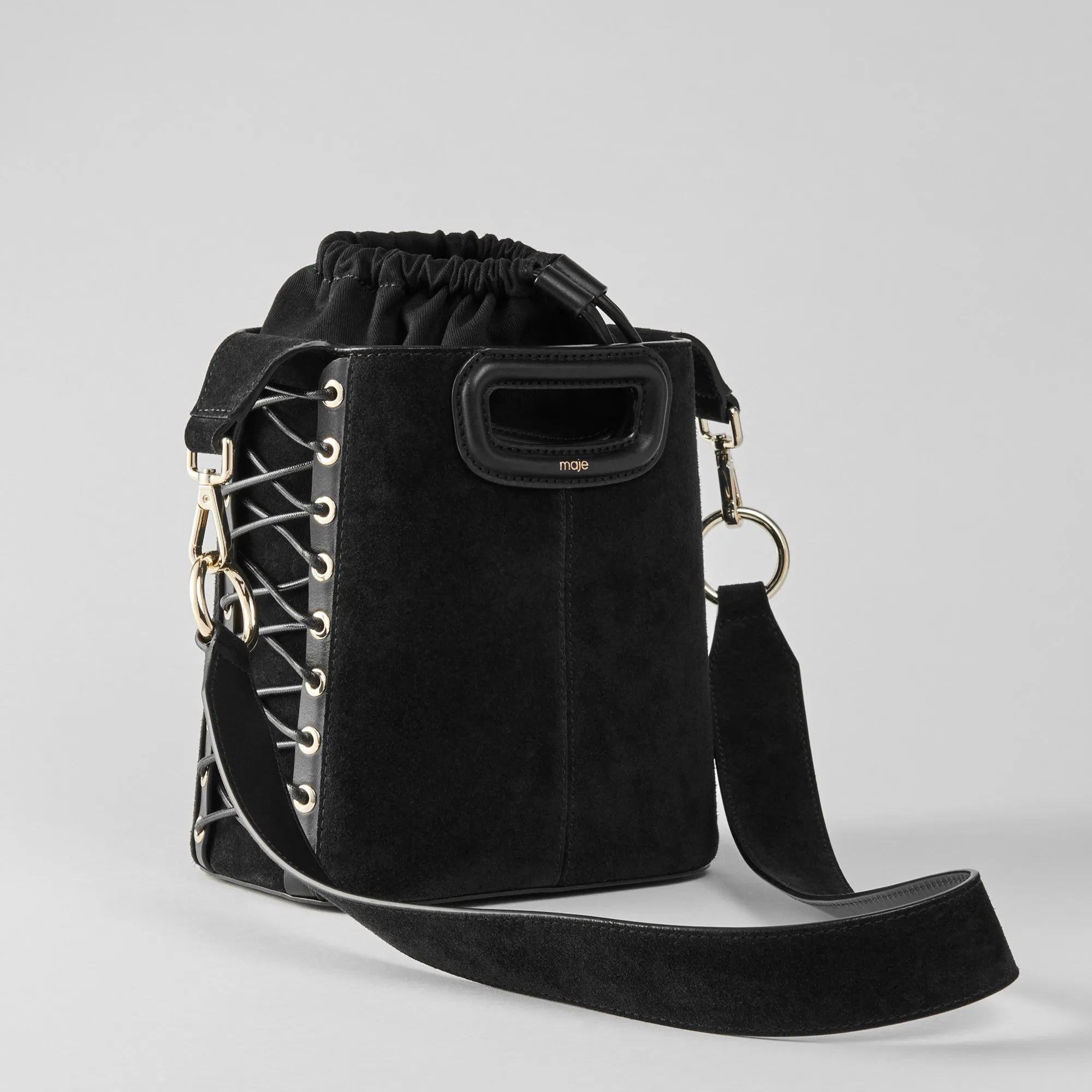 Women Lace-Up Suede M Bucket Bag - Black