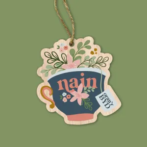 Wooden Gift Decoration/Keyring - Nain Orau'r Byd - Teacup
