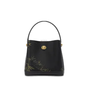 Xiangyunsha Silk Bamboo Print Crossbody Bucket Bag