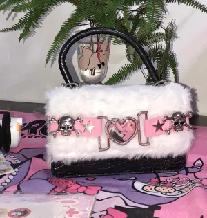 Y2K Punk Skeleton Detailed Plush Flap Bag/ Purse in Black