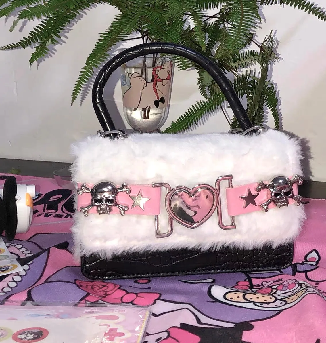 Y2K Punk Skeleton Detailed Plush Flap Bag/ Purse in Black