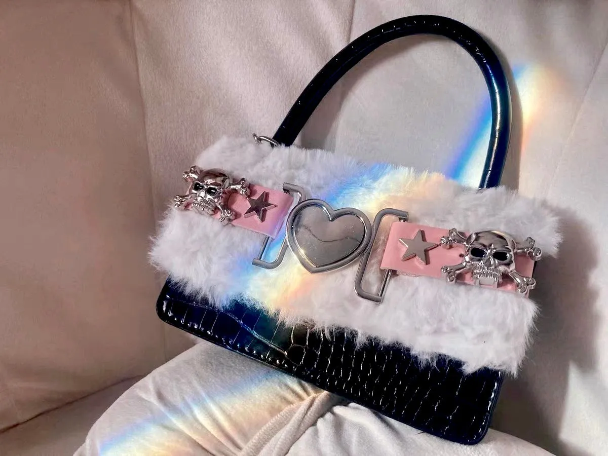 Y2K Punk Skeleton Detailed Plush Flap Bag/ Purse in Black