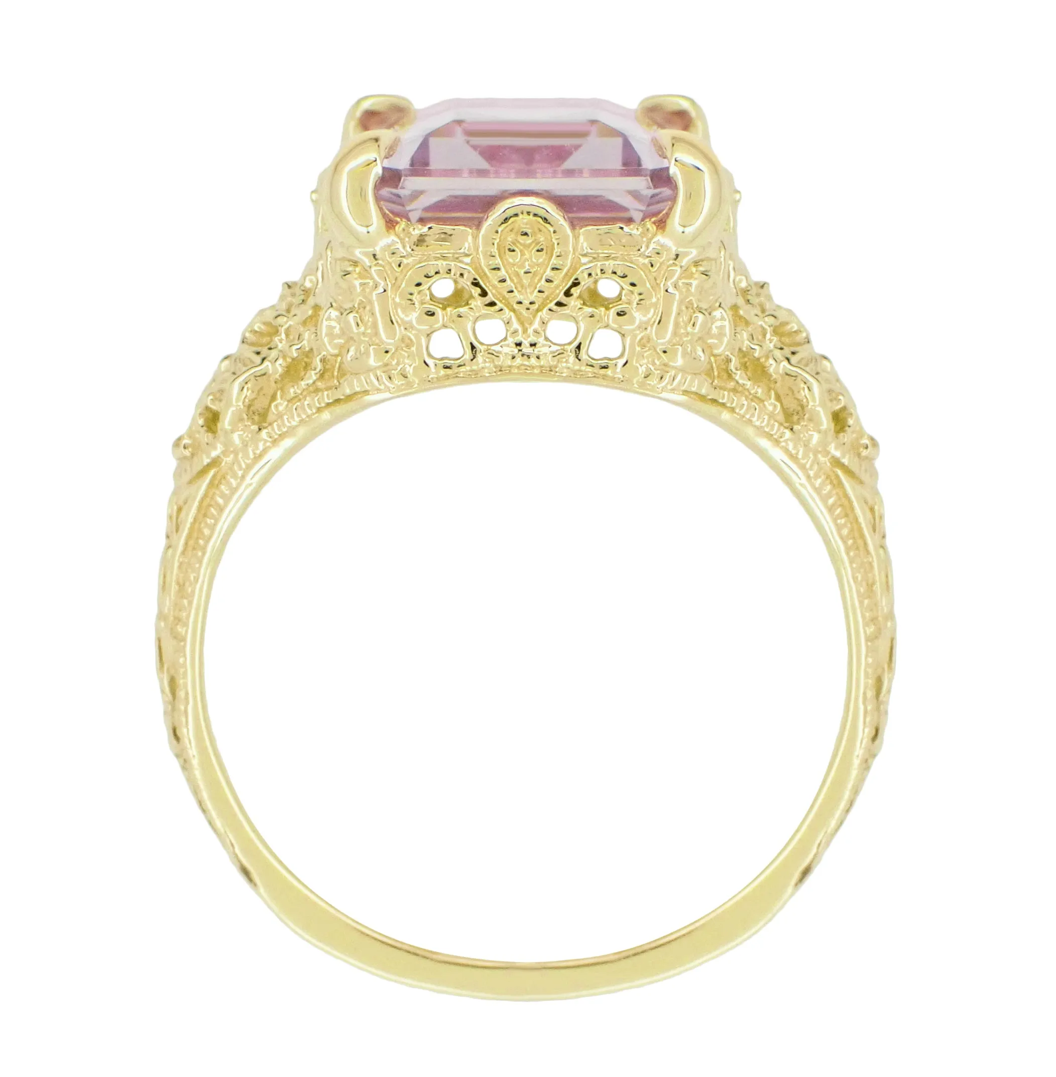 Yellow Gold Edwardian Filigree Emerald Cut Rose de France Ring