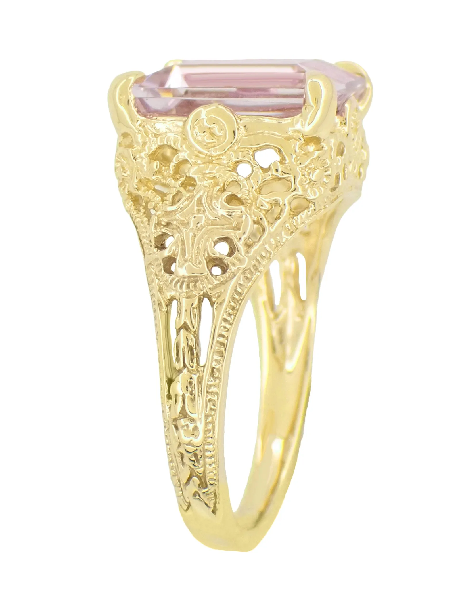 Yellow Gold Edwardian Filigree Emerald Cut Rose de France Ring