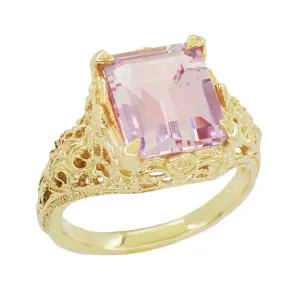 Yellow Gold Edwardian Filigree Emerald Cut Rose de France Ring