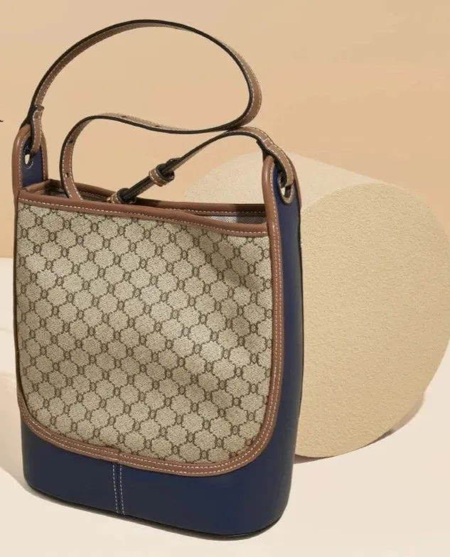 YES Monogram Design PU Leather Shoulder Cross body Bag Large Capacity Office Bucket Lady Fashion Women's Commuter Messenger Bag.