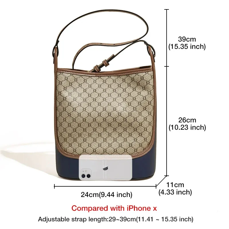 YES Monogram Design PU Leather Shoulder Cross body Bag Large Capacity Office Bucket Lady Fashion Women's Commuter Messenger Bag.